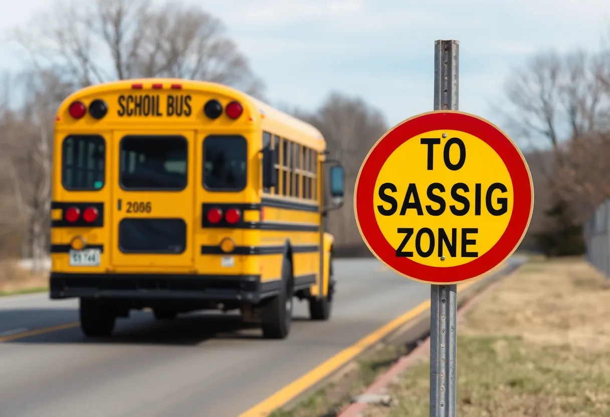 A school bus with no-passing zone sign on a road