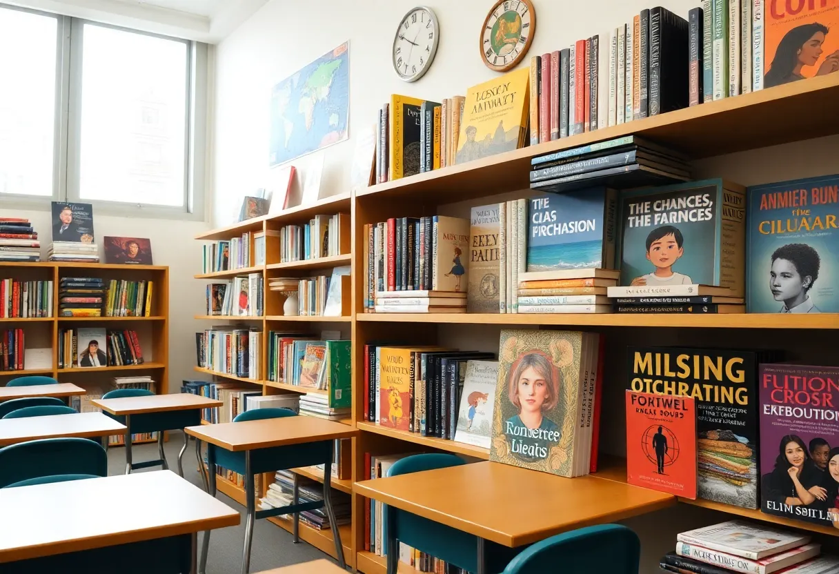 A school library filled with a variety of books representing different genres and topics.