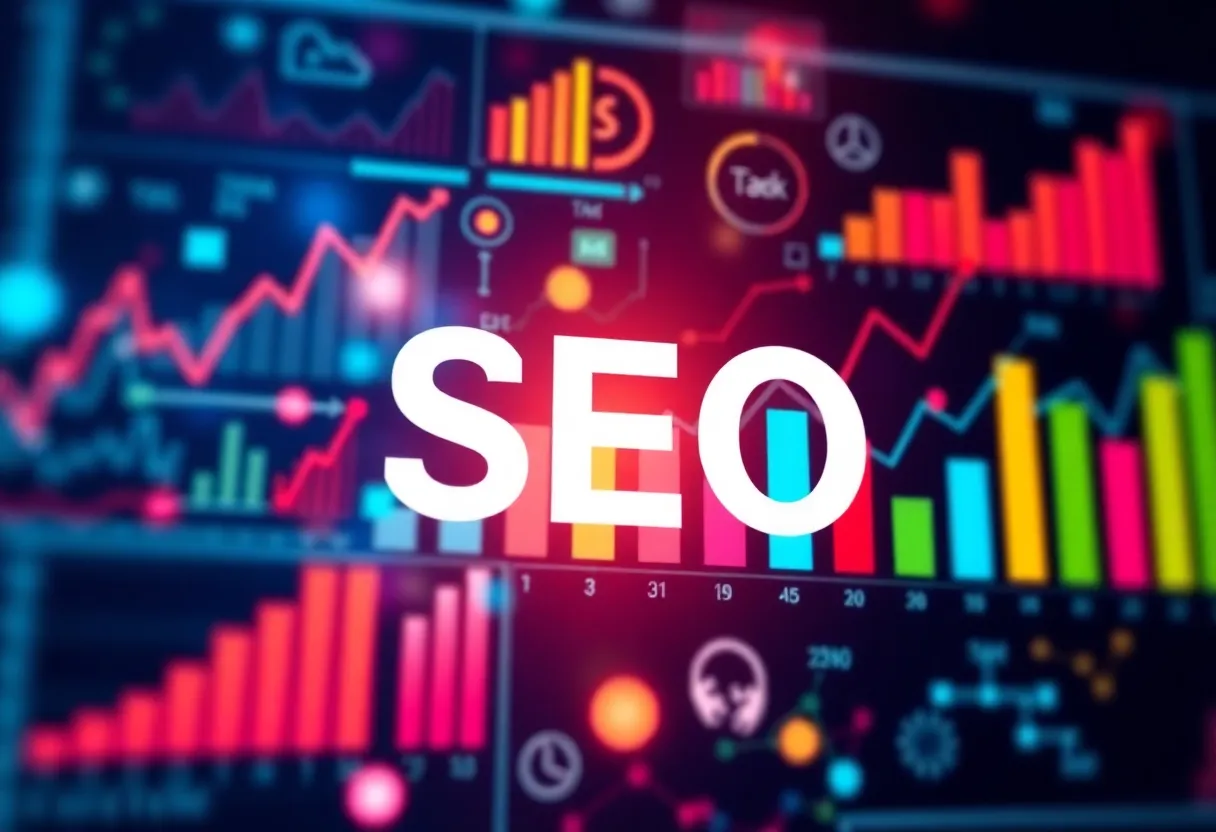 Abstract image representing SEO analytics with charts and digital marketing elements.