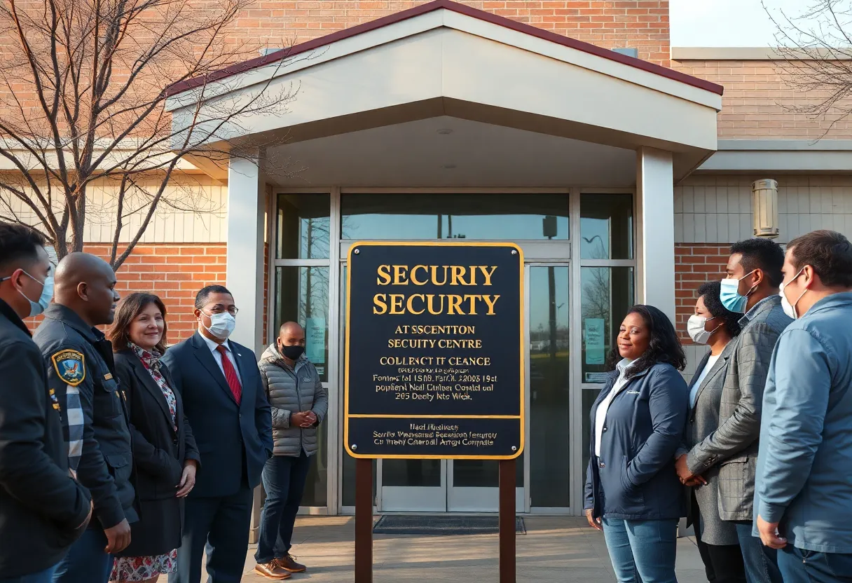 A dedication ceremony for the Sgt. Jumper School Security Center with community members present.