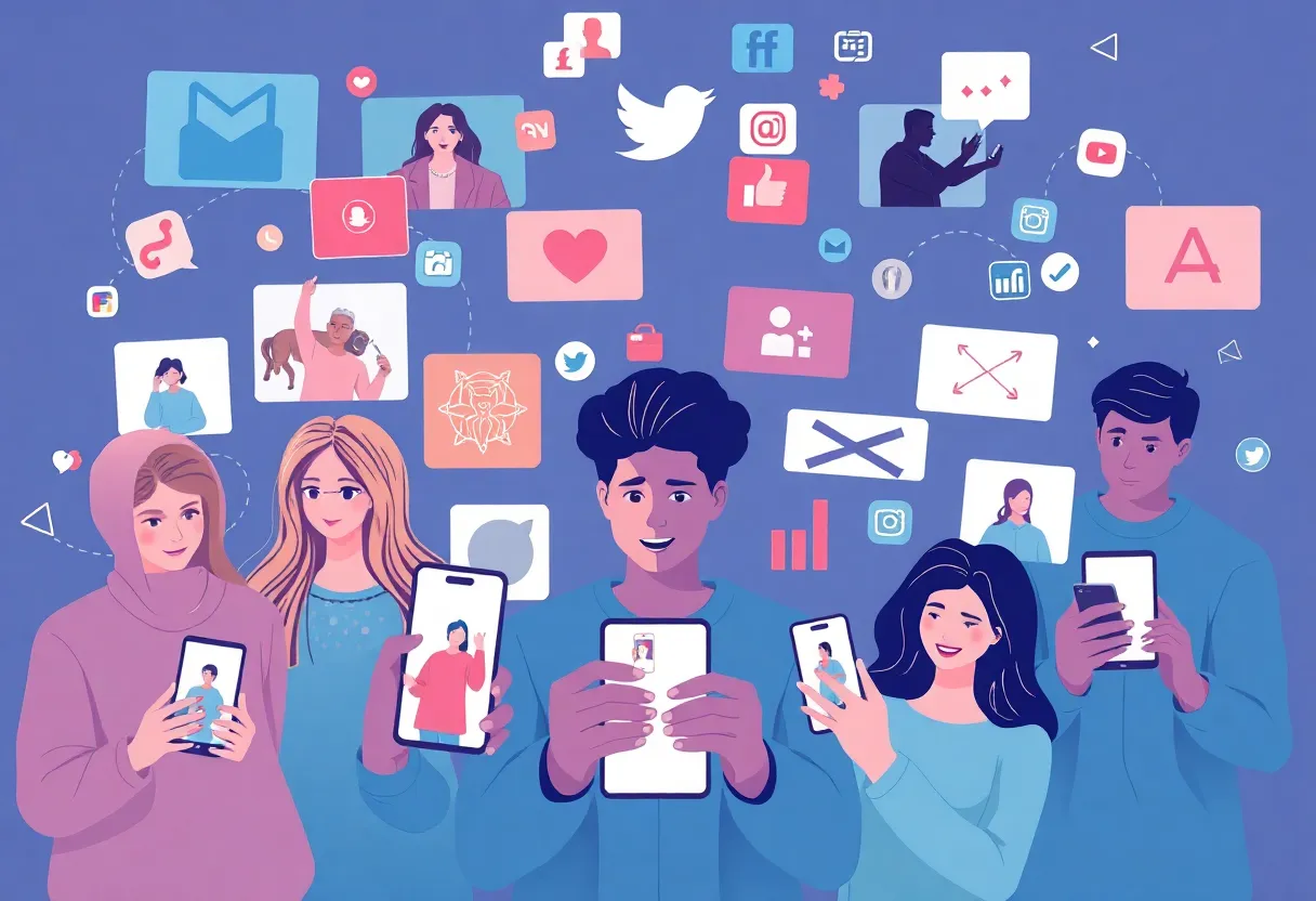 People interacting with social media trends on smartphones and laptops.