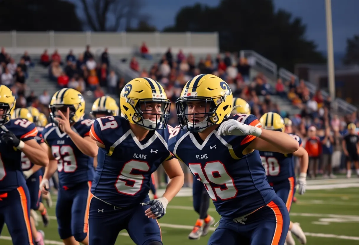 High school football players in action during a game in South Carolina.