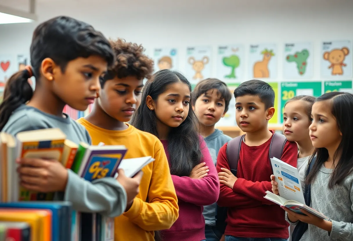 Diverse students in a library looking at books with concern