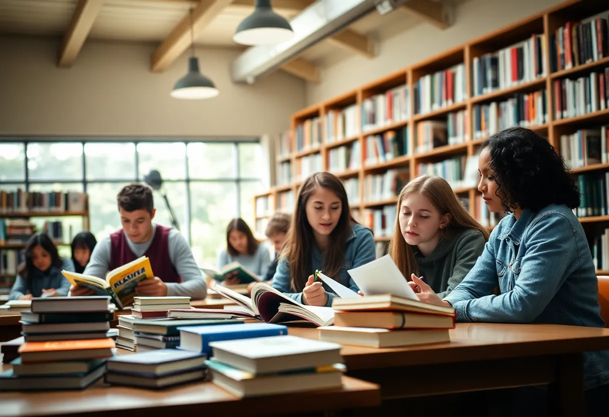 A group of diverse high school students in a library surrounded by books.
