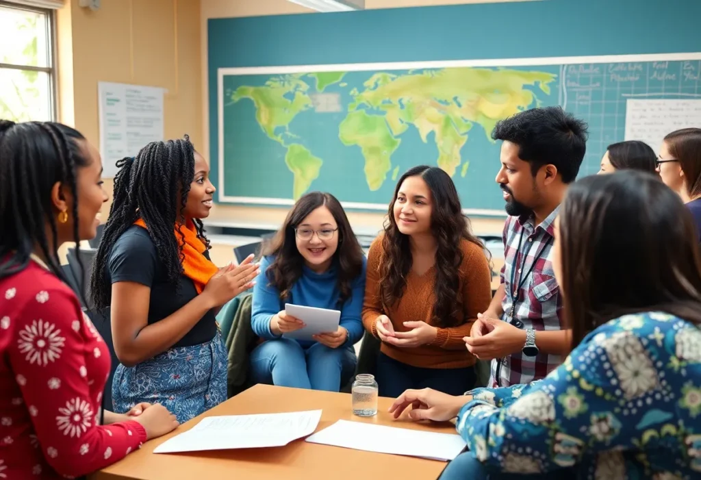 Diverse leaders discussing sustainability initiatives.