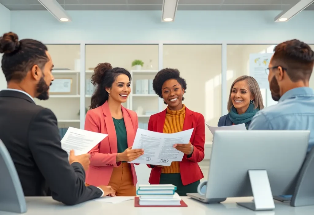 Clients consulting with an insurance agent at True Heart Insurance office.