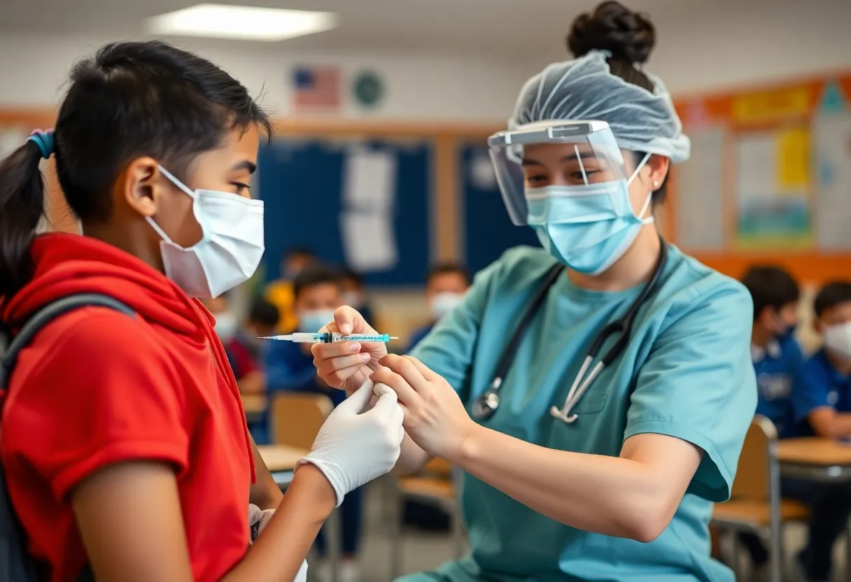 Healthcare worker giving a vaccine in school