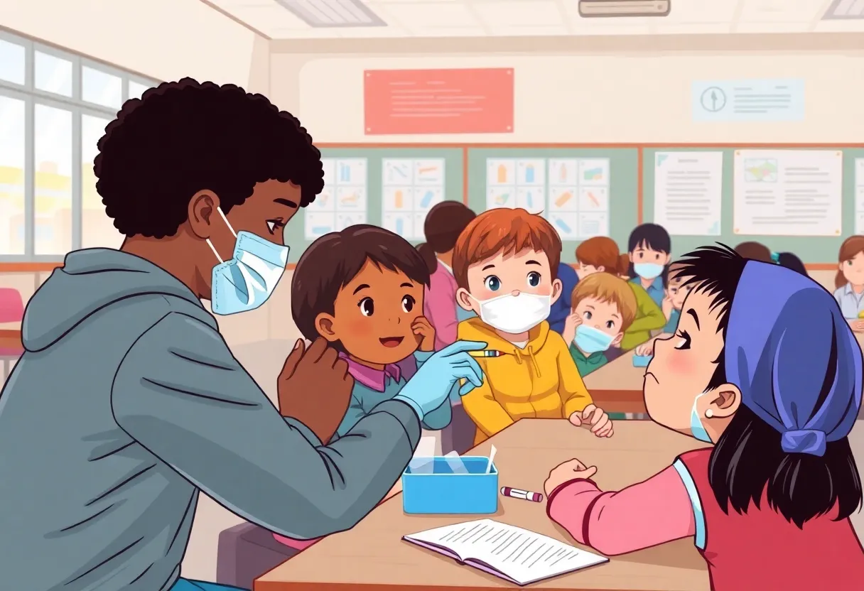Children receiving vaccinations in a school environment to combat measles outbreak
