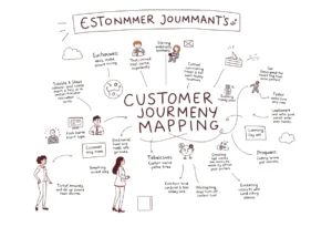 Illustration of customer journey mapping showing touchpoints, emotions, and activities.