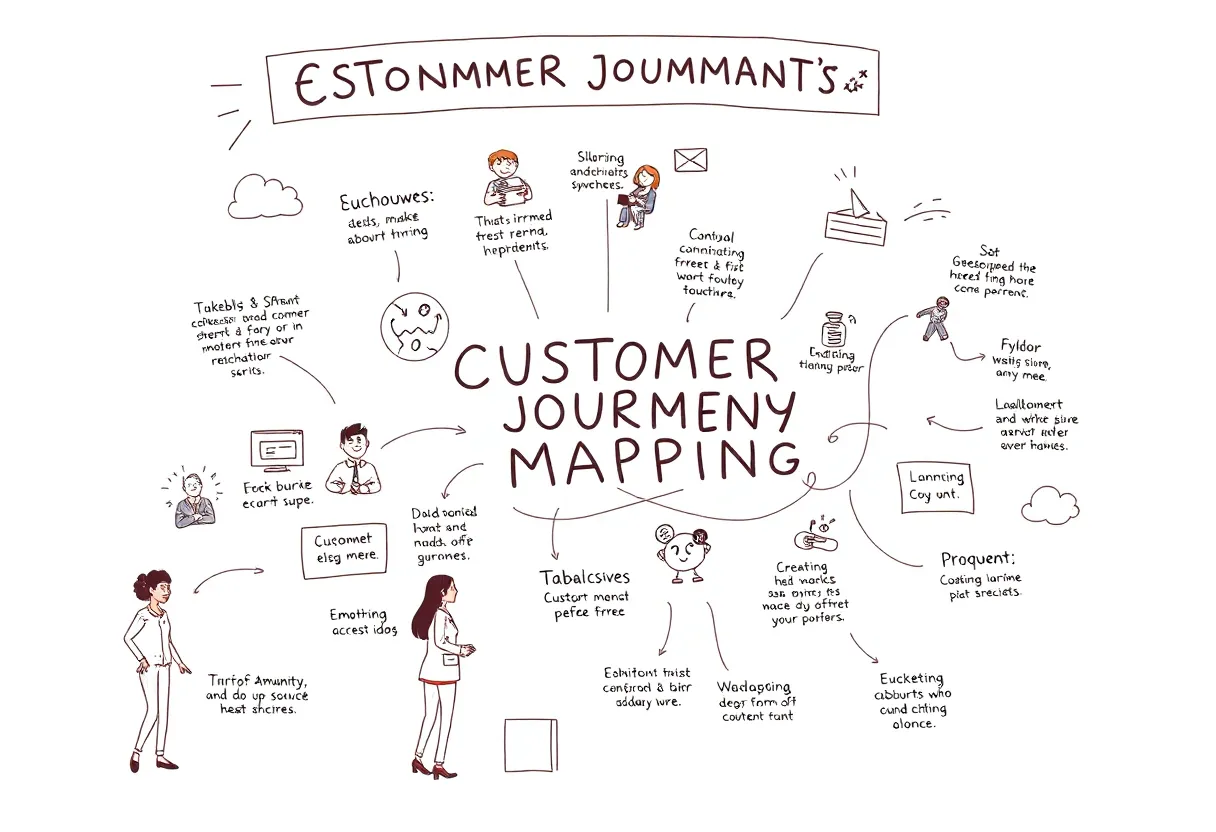 Illustration of customer journey mapping showing touchpoints, emotions, and activities.