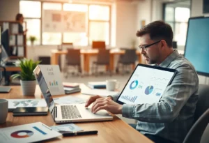 A digital marketing analyst analyzing data on a laptop.