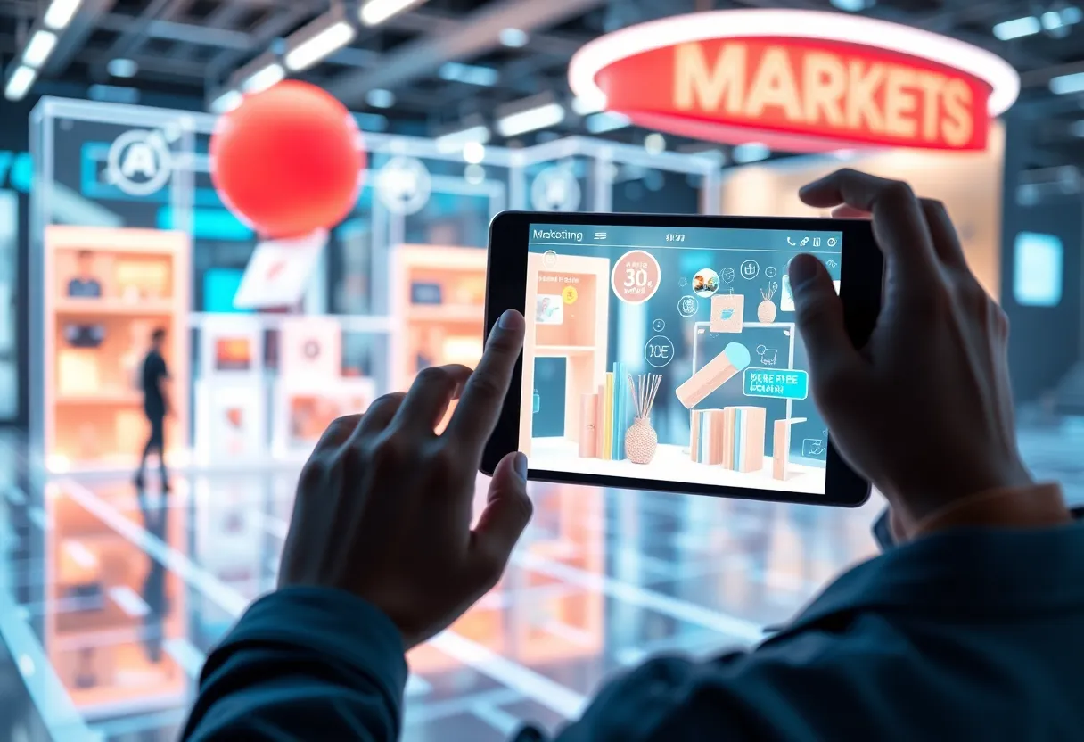 A depiction of augmented reality in digital marketing with products visualized in a real-world context.