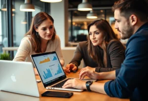 Marketing team analyzing cohort analysis data on a laptop.