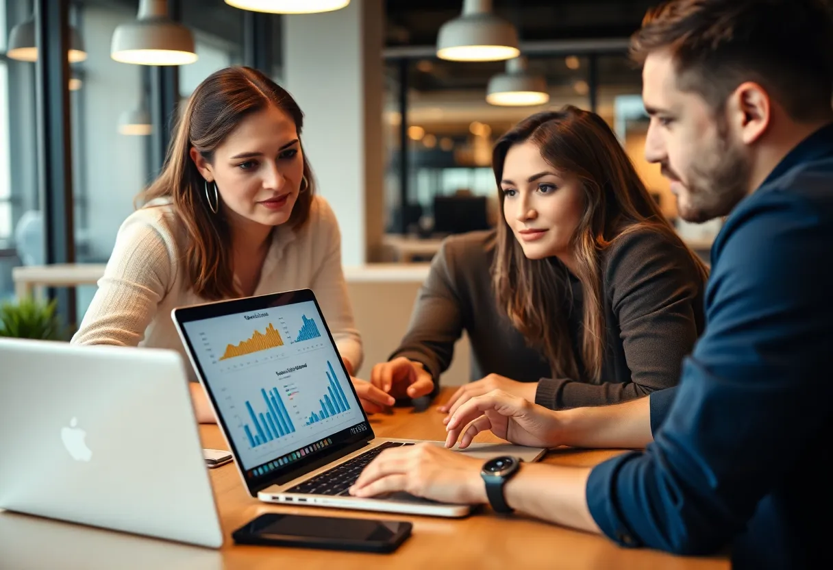 Marketing team analyzing cohort analysis data on a laptop.