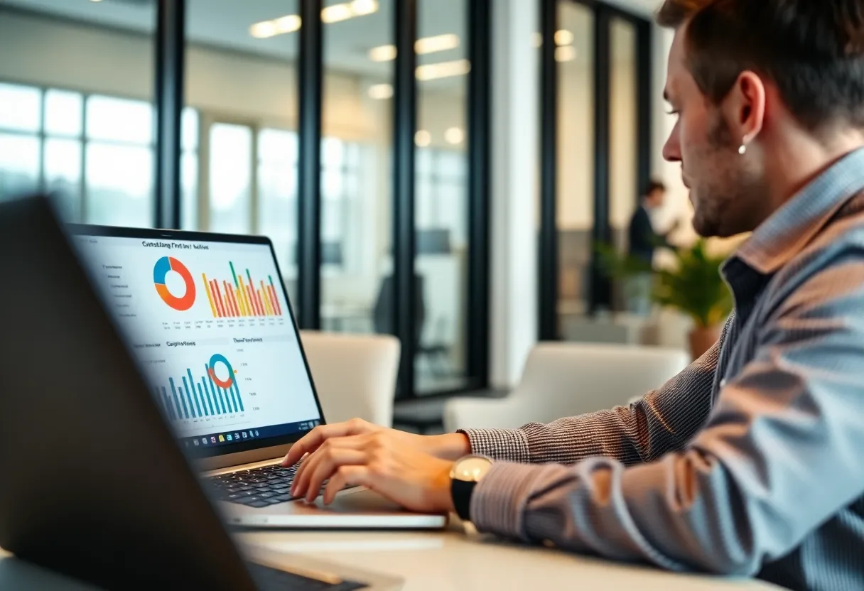 A marketer analyzing consumer behavior data on a laptop