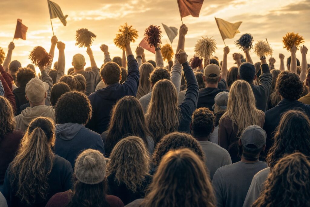 Stadium crowd cheering under a golden sky